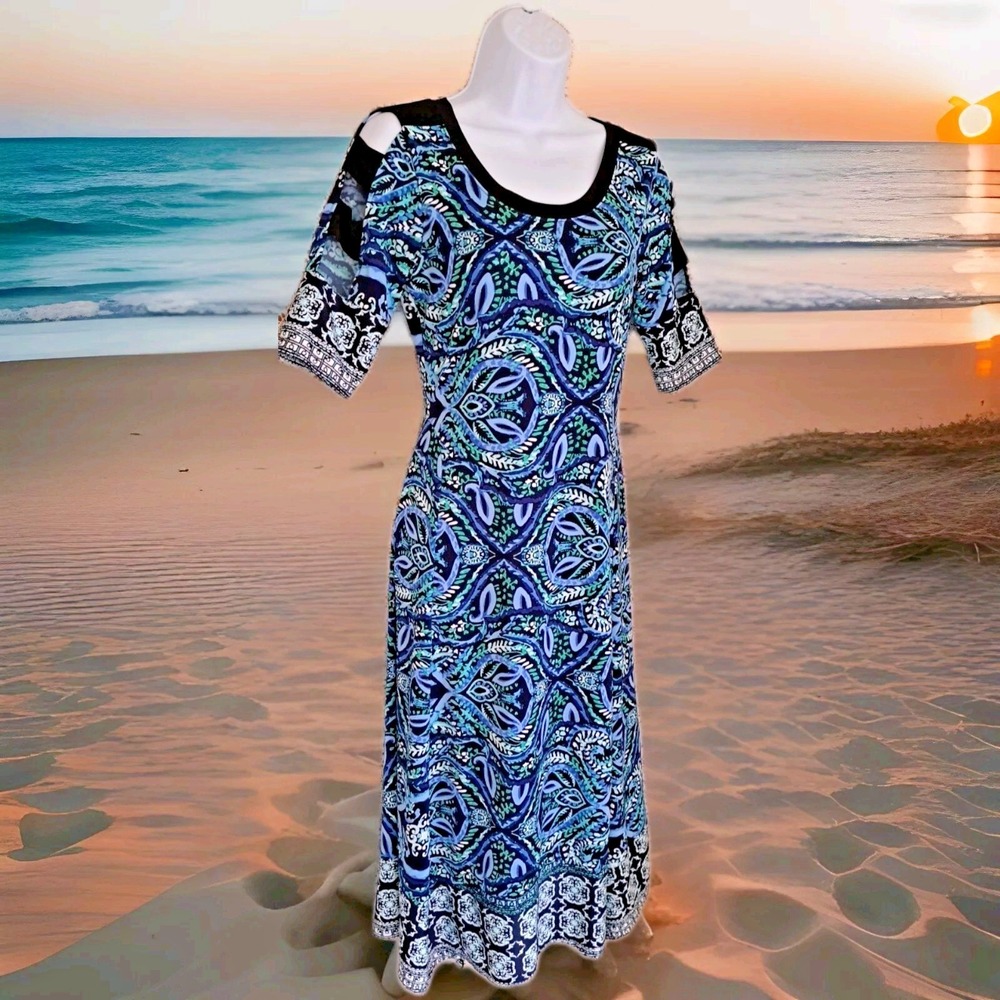 Rabbit Designs‎ Midi Dress 8 Geometric Cut Out Sleeve Asymmetrical Hem Stretch
